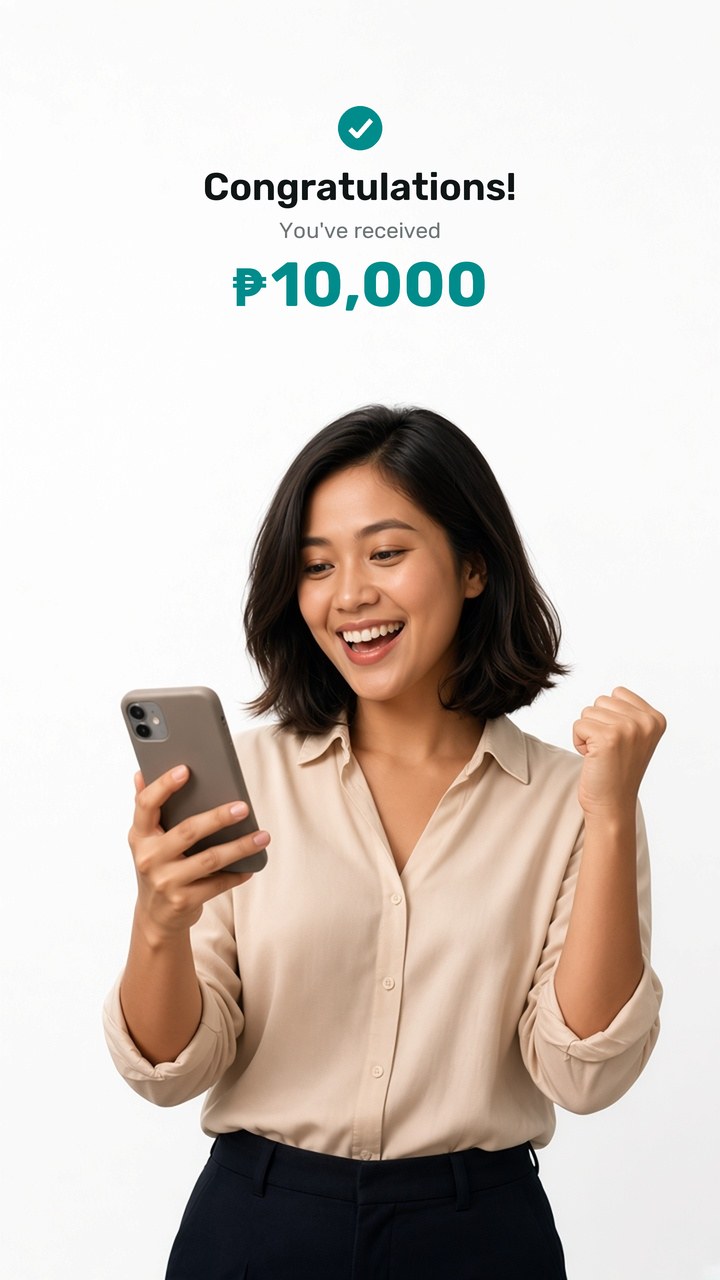 A happy customer receiving her funds on her phone