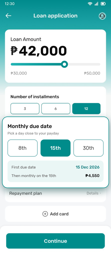 Choose the amount, installments, and due date